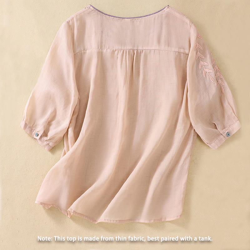 Camiseta de algodón y lino de media manga para mujer con bordado de hojas y Buddha Stones - image 12