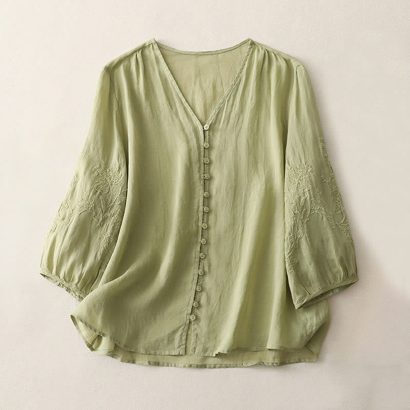 Camisa de lino y algodón con botones y bordado de Buddha Stones para mujer - AmarilloVerde - US8-10，UK/AU12-14，EU40-42 (2XL) - image 0