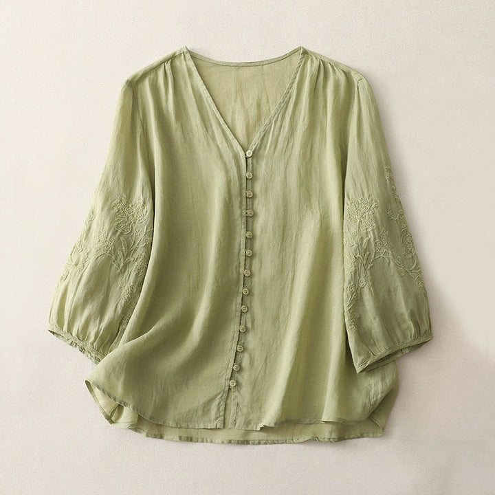 Camisa de lino y algodón con botones y bordado de Buddha Stones para mujer - AmarilloVerde - US8-10，UK/AU12-14，EU40-42 (2XL) - image 0