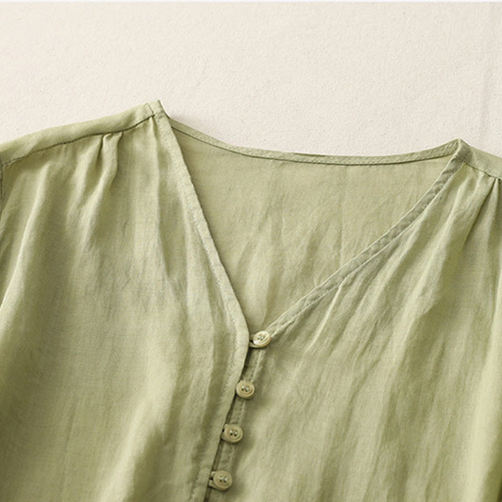 Camisa de lino y algodón con botones y bordado de Buddha Stones para mujer - image 2