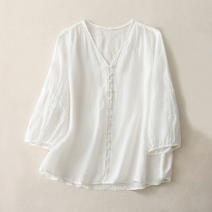 Camisa de lino y algodón con botones y bordado de Buddha Stones para mujer - Blanco - US8-10，UK/AU12-14，EU40-42 (2XL) - image 6
