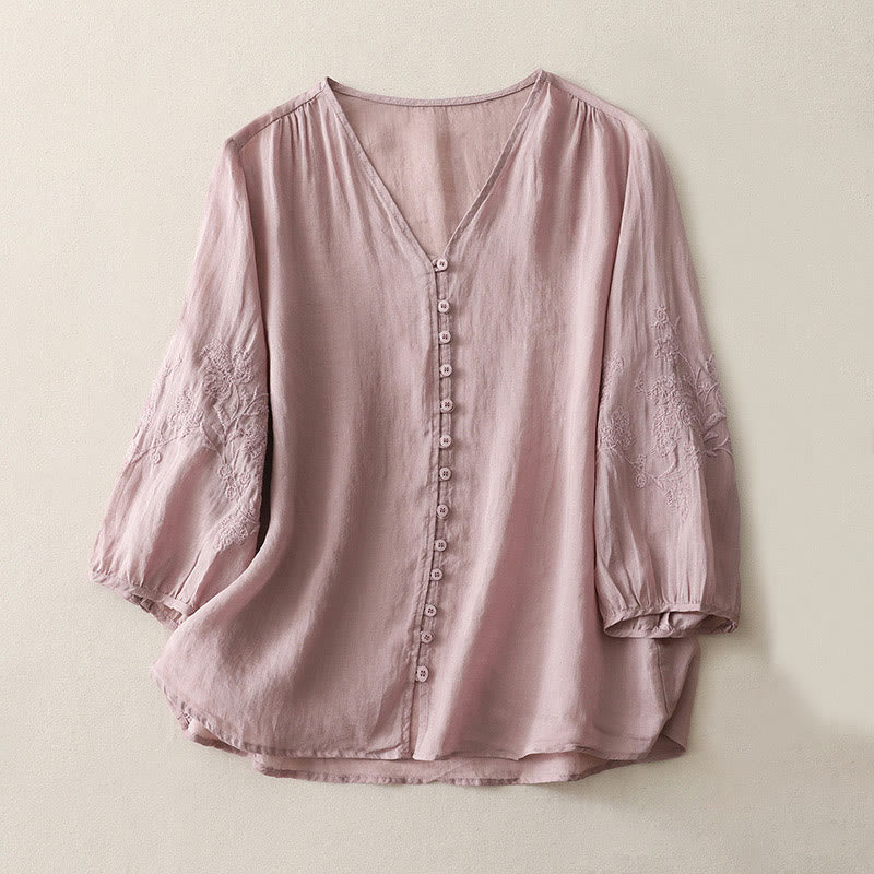 Camisa de lino y algodón con botones y bordado de Buddha Stones para mujer - Ciruela - US8-10，UK/AU12-14，EU40-42 (2XL) - image 16