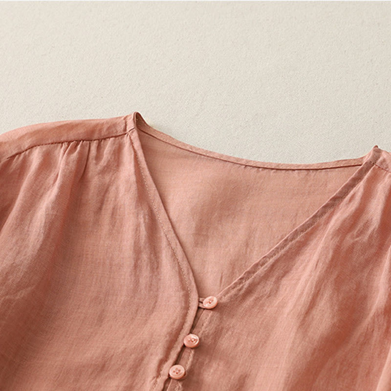 Camisa de lino y algodón con botones y bordado de Buddha Stones para mujer - image 26