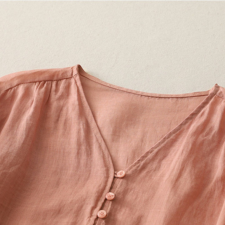 Camisa de lino y algodón con botones y bordado de Buddha Stones para mujer - image 26