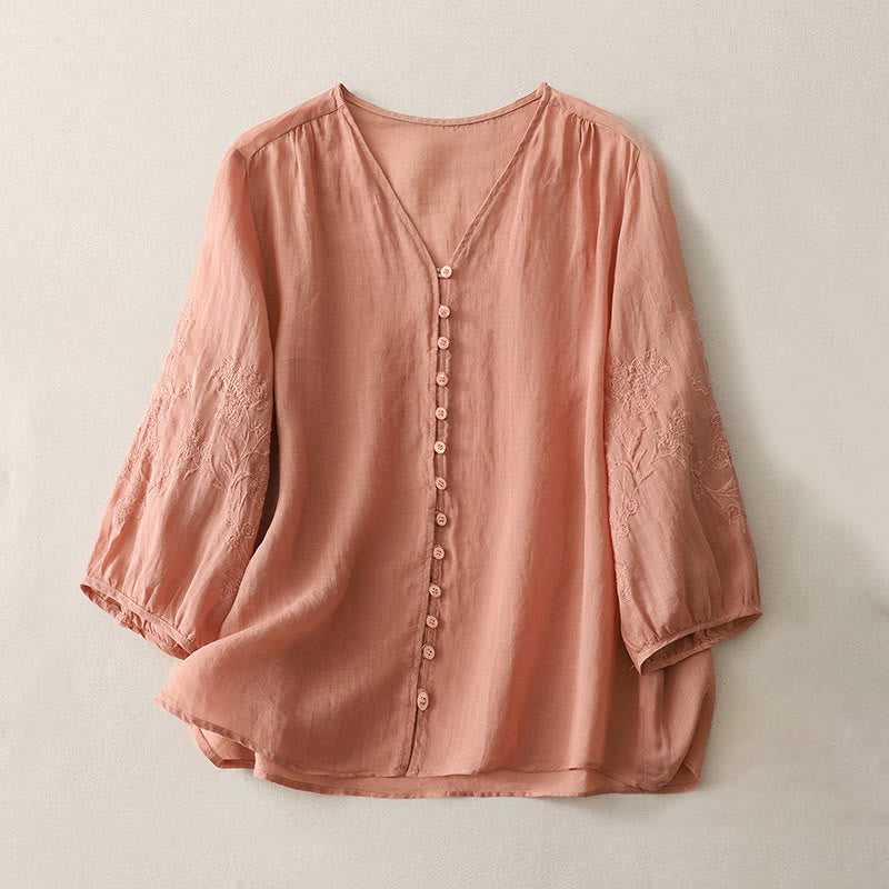 Camisa de lino y algodón con botones y bordado de Buddha Stones para mujer - Salmón claro - US8-10，UK/AU12-14，EU40-42 (2XL) - image 22