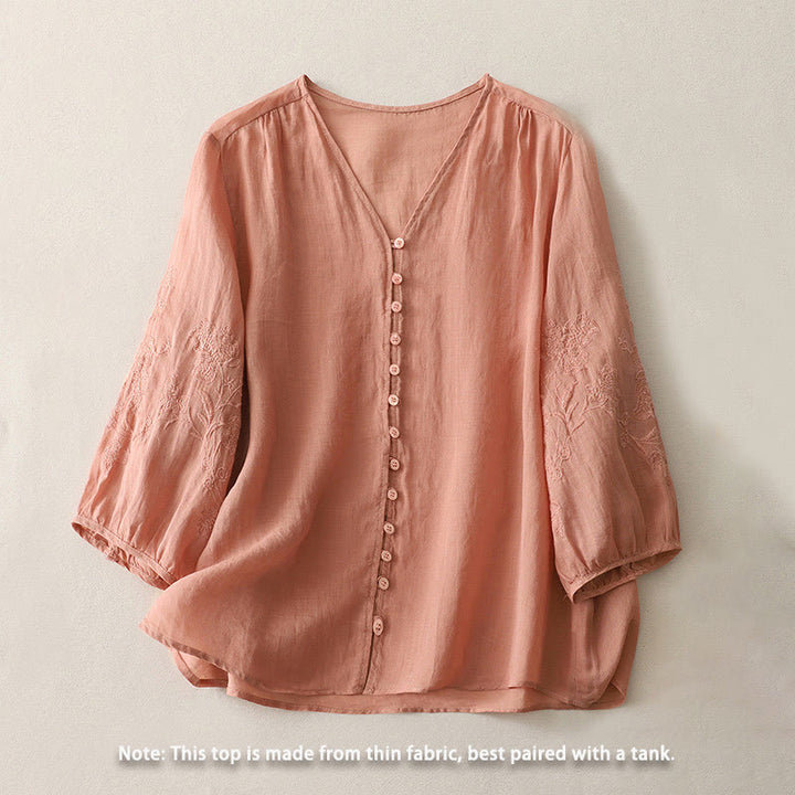 Camisa de lino y algodón con botones y bordado de Buddha Stones para mujer - image 23