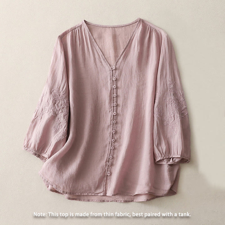 Camisa de lino y algodón con botones y bordado de Buddha Stones para mujer - image 17