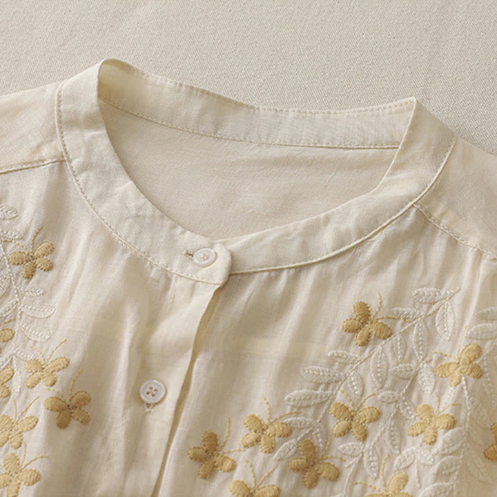Camisa de lino y algodón para mujer con bordado de flores y Buddha Stones, de botonadura sencilla - image 6
