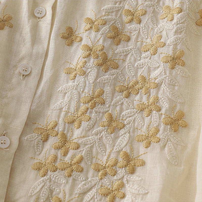 Camisa de lino y algodón para mujer con bordado de flores y Buddha Stones, de botonadura sencilla - image 5