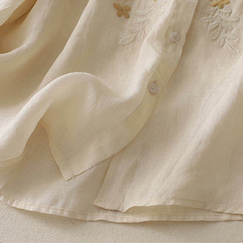 Camisa de lino y algodón para mujer con bordado de flores y Buddha Stones, de botonadura sencilla - image 2