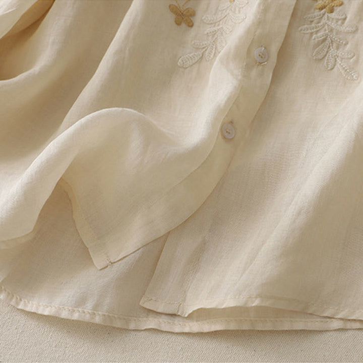 Camisa de lino y algodón para mujer con bordado de flores y Buddha Stones, de botonadura sencilla - image 2