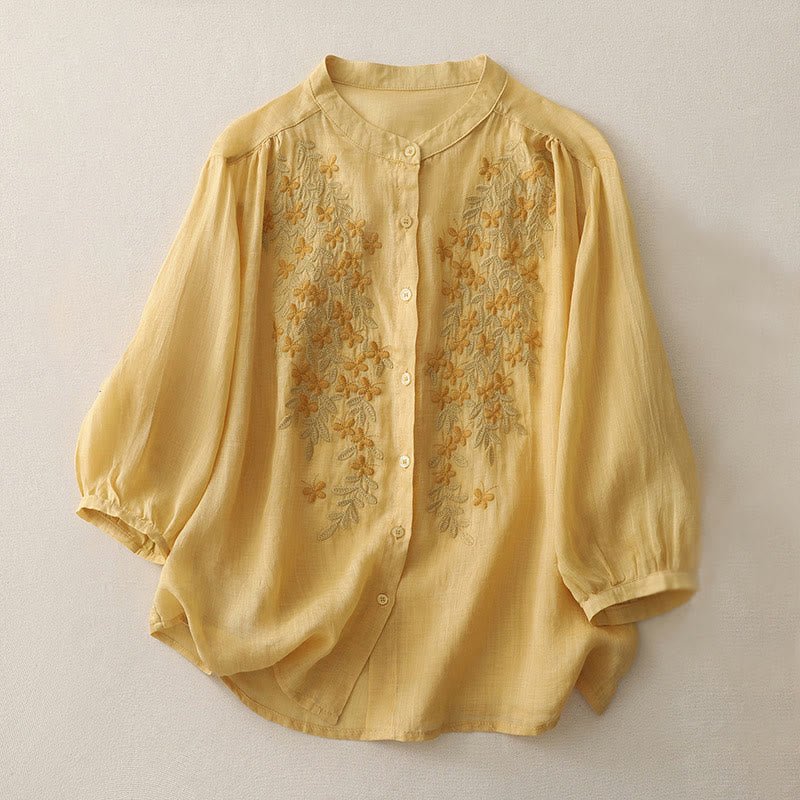 Camisa de lino y algodón para mujer con bordado de flores y Buddha Stones, de botonadura sencilla - Vara de oro - US14，UK/AU18，EU46 (2XL) - image 7