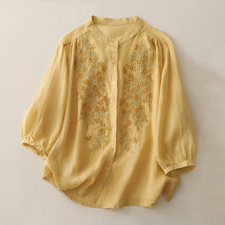 Camisa de lino y algodón para mujer con bordado de flores y Buddha Stones, de botonadura sencilla - Vara de oro - US14，UK/AU18，EU46 (2XL) - image 7