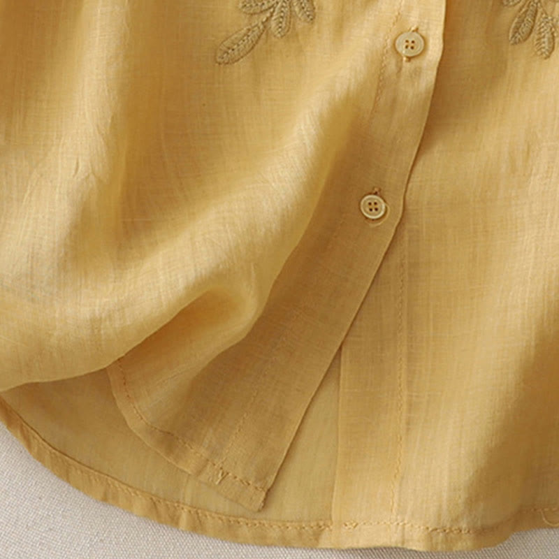 Camisa de lino y algodón para mujer con bordado de flores y Buddha Stones, de botonadura sencilla - image 15