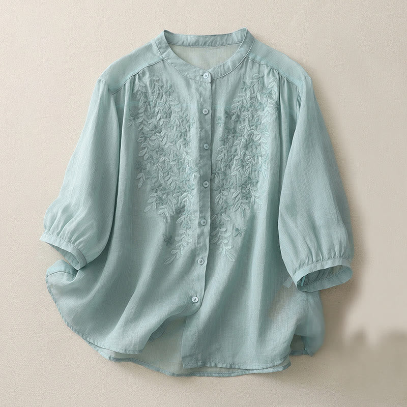 Camisa de lino y algodón para mujer con bordado de flores y Buddha Stones, de botonadura sencilla - Azul polvoriento - US14，UK/AU18，EU46 (2XL) - image 19