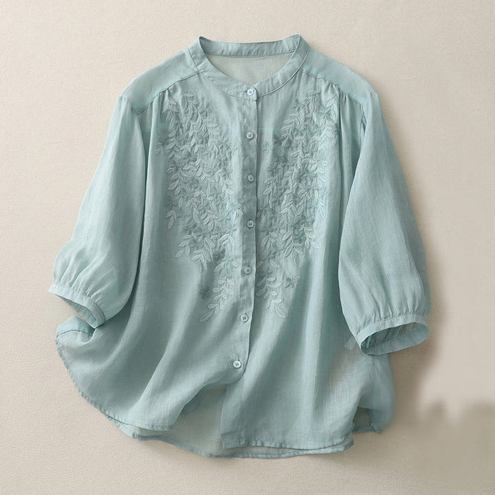 Camisa de lino y algodón para mujer con bordado de flores y Buddha Stones, de botonadura sencilla - Azul polvoriento - US14，UK/AU18，EU46 (2XL) - image 19