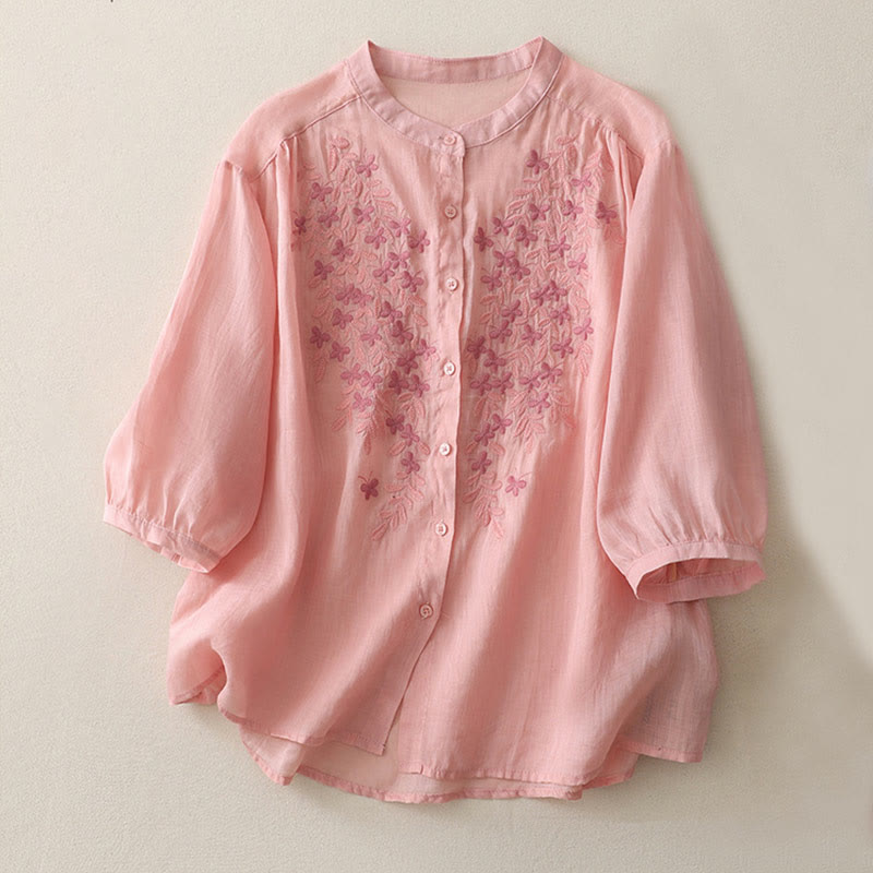 Camisa de lino y algodón para mujer con bordado de flores y Buddha Stones, de botonadura sencilla - Rosa - US14，UK/AU18，EU46 (2XL) - image 26