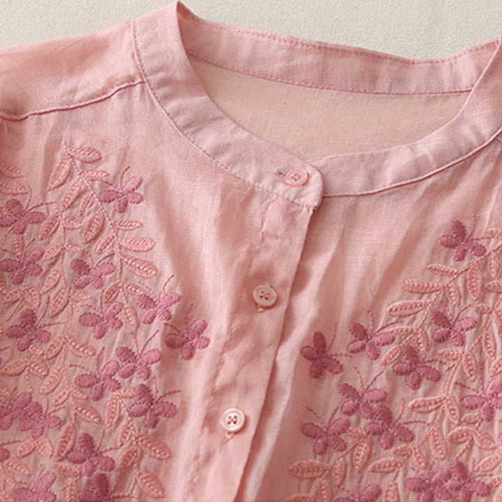 Camisa de lino y algodón para mujer con bordado de flores y Buddha Stones, de botonadura sencilla - image 33