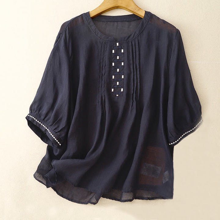 Camiseta de algodón y lino para mujer, de media manga, con cuello redondo, pliegues y bordado de Buddha Stones - Azul medianoche - US14，UK/AU18，EU46 (2XL) - image 11