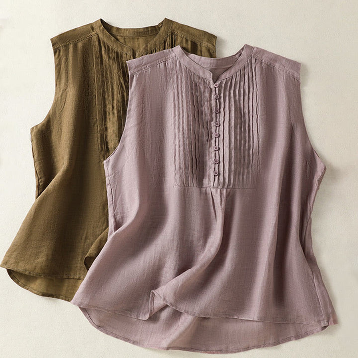 Camisa informal de lino y algodón para mujer, sin mangas, plisada y con diseño de Buddha Stones, de media manga - image 18