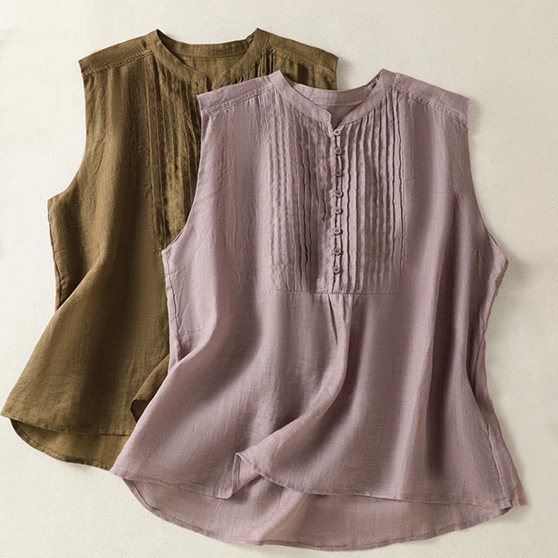 Camisa informal de lino y algodón para mujer, sin mangas, plisada y con diseño de Buddha Stones, de media manga - image 18