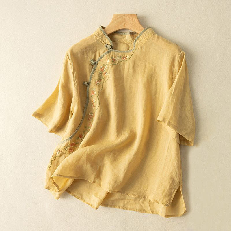 Camisa de lino y algodón para mujer con cuello inclinado, bordado y botones de rana, estilo casual, con Buddha Stones - Oro - US16，UK/AU20，EU48 (3XL) - image 0