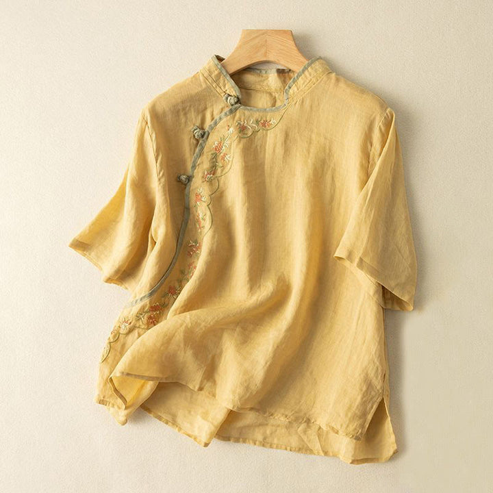 Camisa de lino y algodón para mujer con cuello inclinado, bordado y botones de rana, estilo casual, con Buddha Stones - Oro - US16，UK/AU20，EU48 (3XL) - image 0
