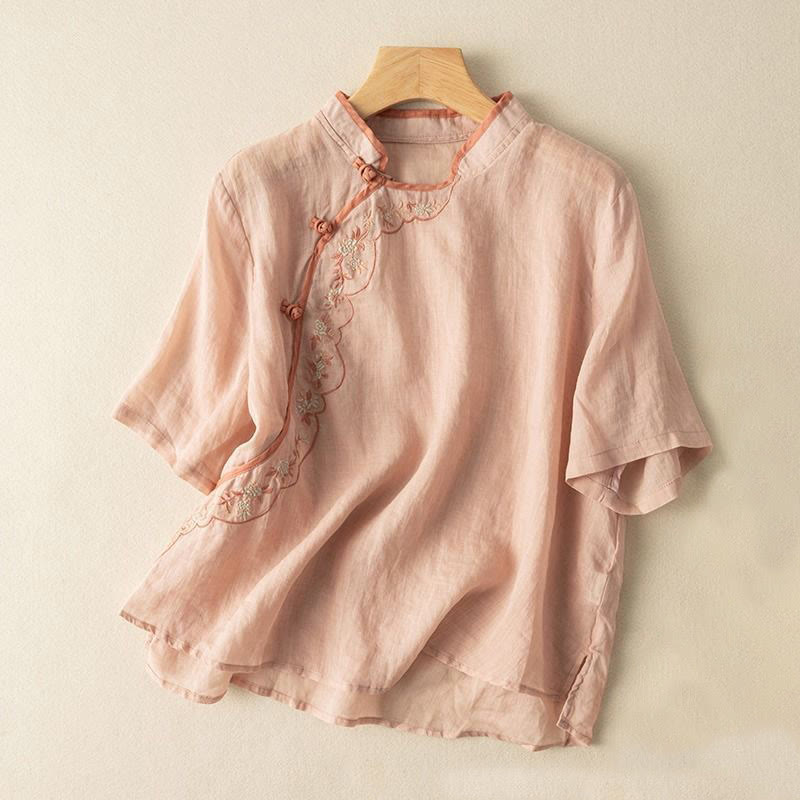 Camisa de lino y algodón para mujer con cuello inclinado, bordado y botones de rana, estilo casual, con Buddha Stones - Salmón claro - US16，UK/AU20，EU48 (3XL) - image 2