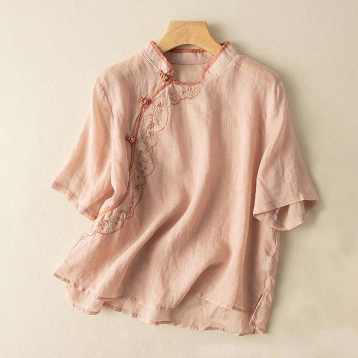 Camisa de lino y algodón para mujer con cuello inclinado, bordado y botones de rana, estilo casual, con Buddha Stones - Salmón claro - US16，UK/AU20，EU48 (3XL) - image 2