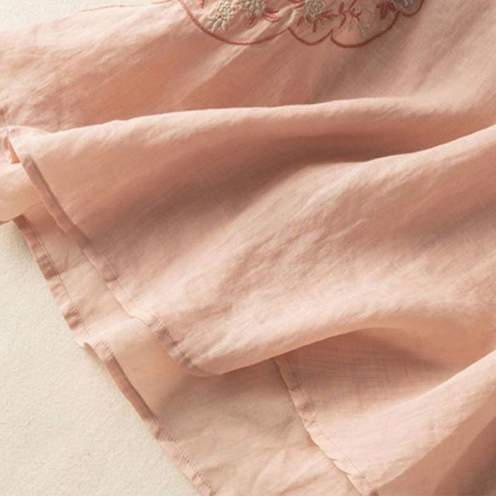 Camisa de lino y algodón para mujer con cuello inclinado, bordado y botones de rana, estilo casual, con Buddha Stones - image 8