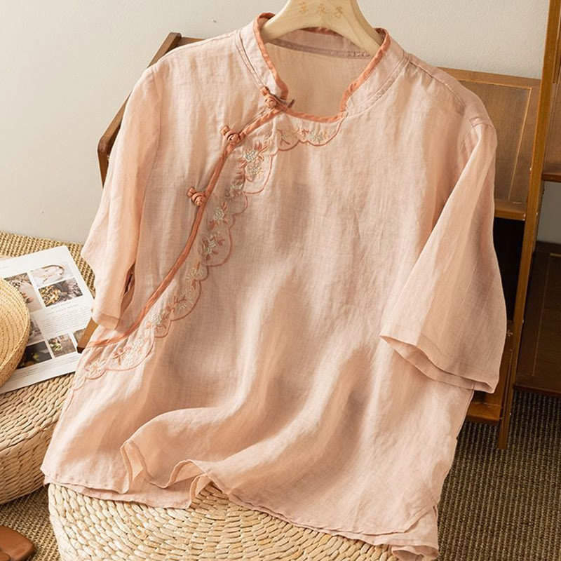 Camisa de lino y algodón para mujer con cuello inclinado, bordado y botones de rana, estilo casual, con Buddha Stones - image 4