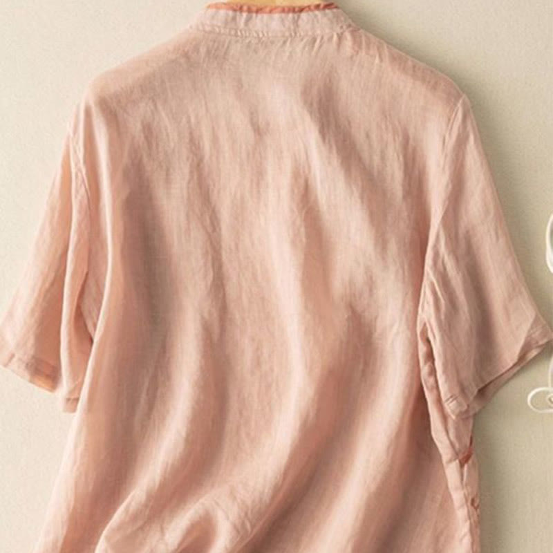 Camisa de lino y algodón para mujer con cuello inclinado, bordado y botones de rana, estilo casual, con Buddha Stones - image 7