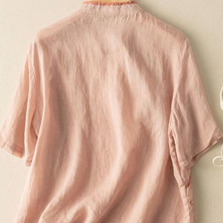 Camisa de lino y algodón para mujer con cuello inclinado, bordado y botones de rana, estilo casual, con Buddha Stones - image 7