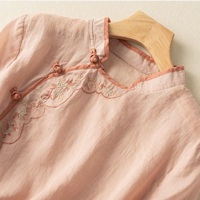 Camisa de lino y algodón para mujer con cuello inclinado, bordado y botones de rana, estilo casual, con Buddha Stones - image 5