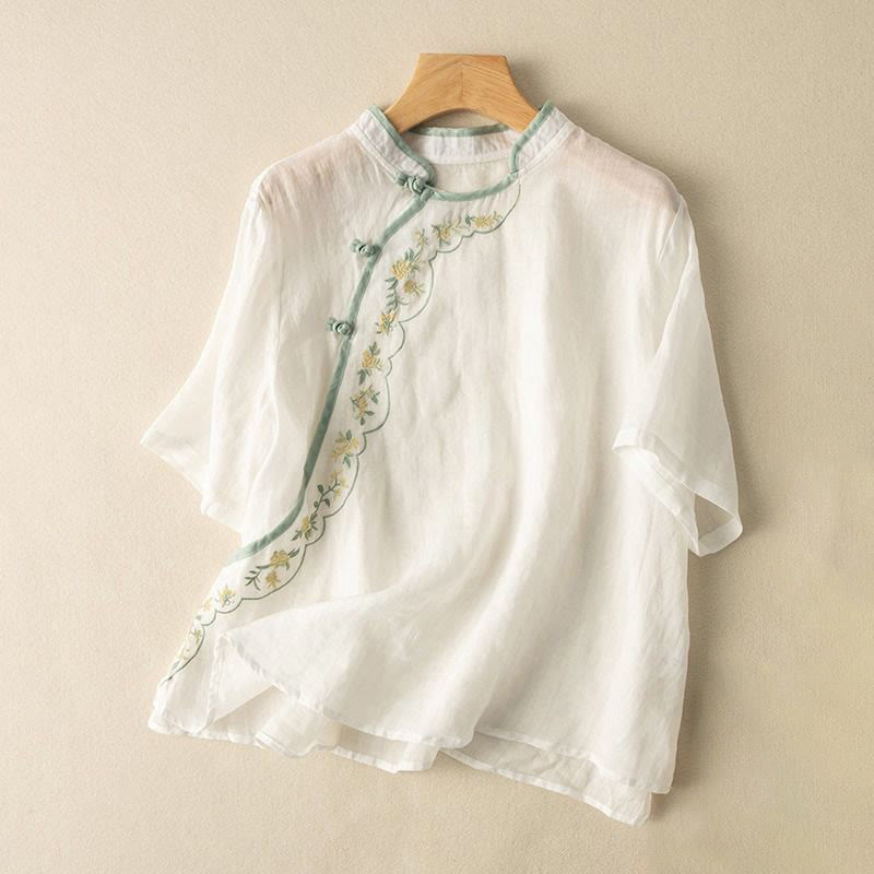 Camisa de lino y algodón para mujer con cuello inclinado, bordado y botones de rana, estilo casual, con Buddha Stones - Blanco - US16，UK/AU20，EU48 (3XL) - image 10