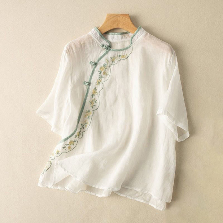 Camisa de lino y algodón para mujer con cuello inclinado, bordado y botones de rana, estilo casual, con Buddha Stones - Blanco - US16，UK/AU20，EU48 (3XL) - image 10