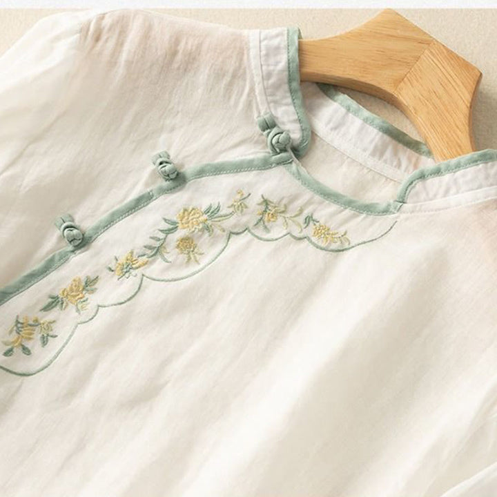 Camisa de lino y algodón para mujer con cuello inclinado, bordado y botones de rana, estilo casual, con Buddha Stones - image 14
