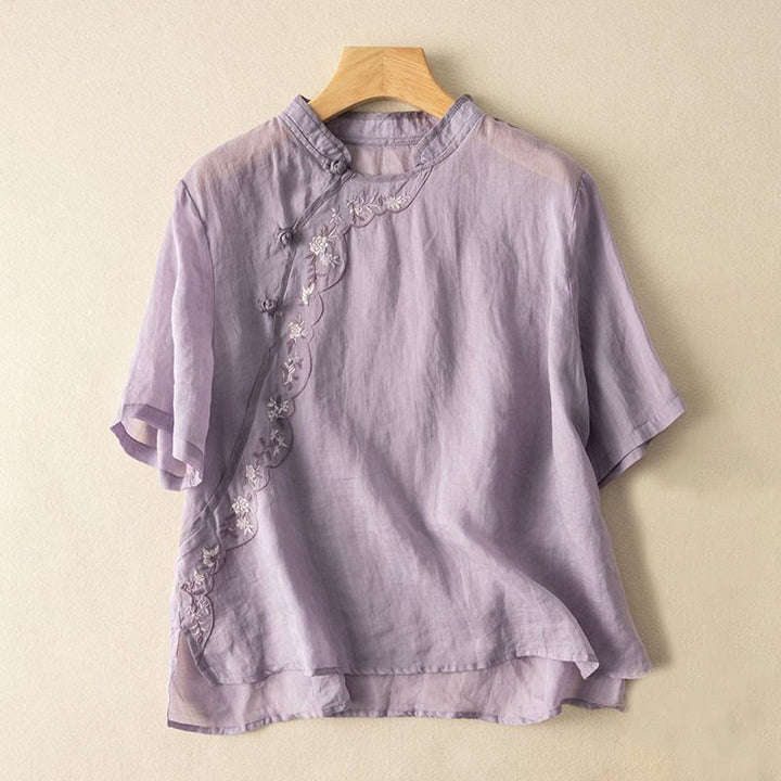 Camisa de lino y algodón para mujer con cuello inclinado, bordado y botones de rana, estilo casual, con Buddha Stones - Ciruela - US16，UK/AU20，EU48 (3XL) - image 15