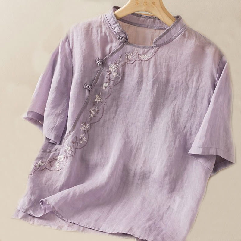 Camisa de lino y algodón para mujer con cuello inclinado, bordado y botones de rana, estilo casual, con Buddha Stones - image 17