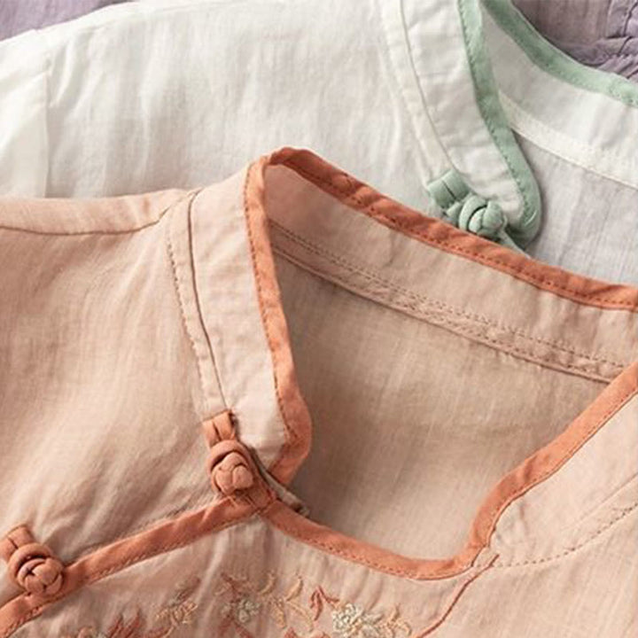 Camisa de lino y algodón para mujer con cuello inclinado, bordado y botones de rana, estilo casual, con Buddha Stones - image 18