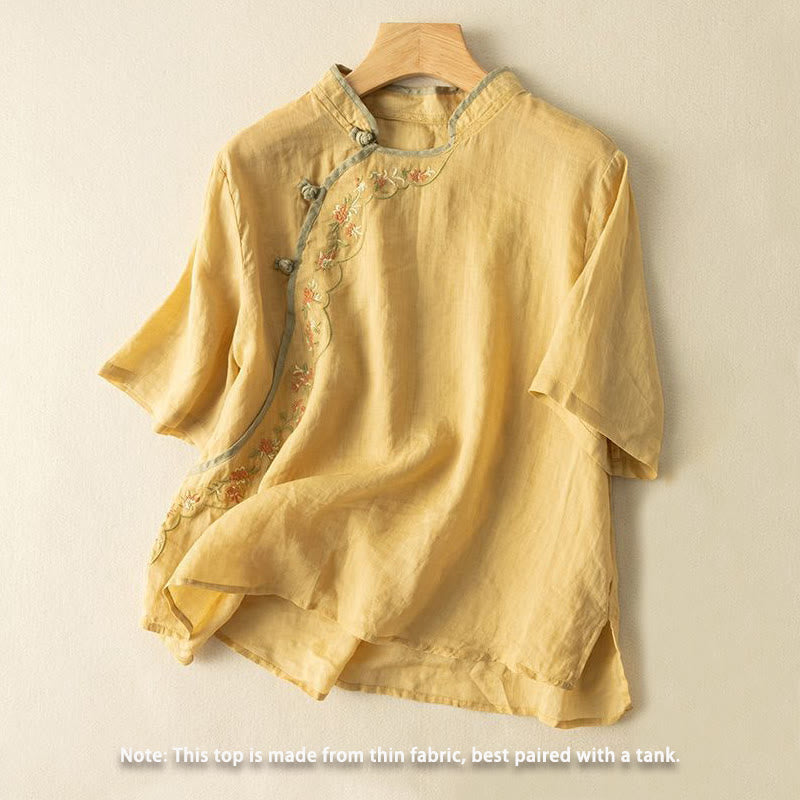 Camisa de lino y algodón para mujer con cuello inclinado, bordado y botones de rana, estilo casual, con Buddha Stones - image 1