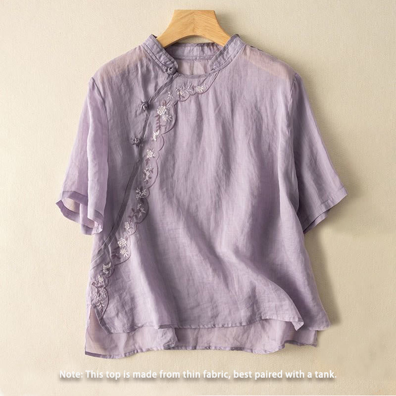Camisa de lino y algodón para mujer con cuello inclinado, bordado y botones de rana, estilo casual, con Buddha Stones - image 16