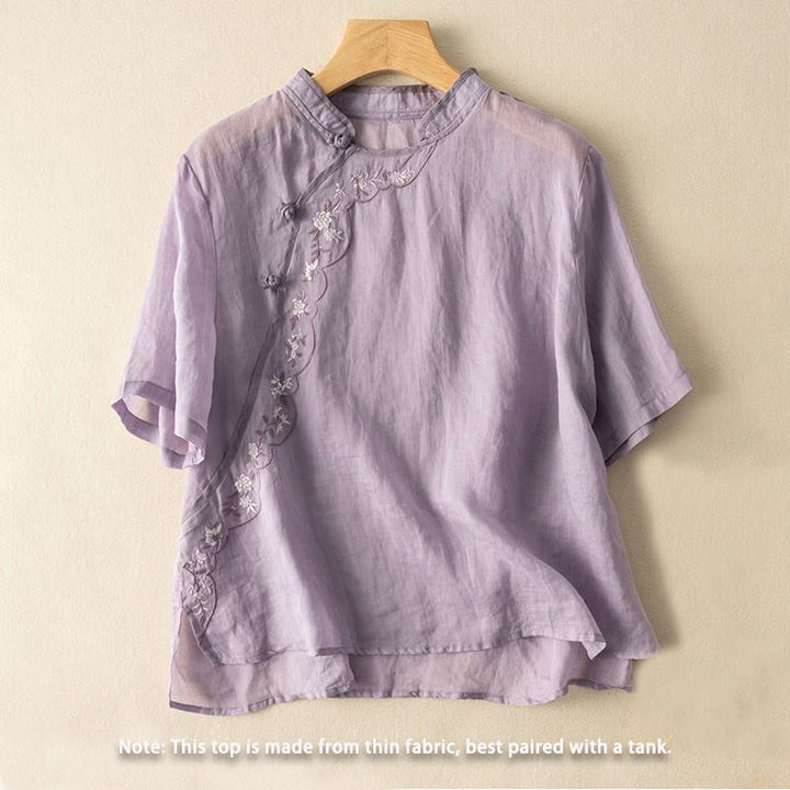 Camisa de lino y algodón para mujer con cuello inclinado, bordado y botones de rana, estilo casual, con Buddha Stones - image 16