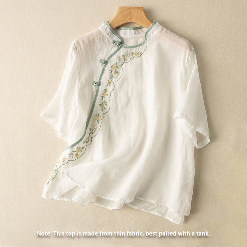 Camisa de lino y algodón para mujer con cuello inclinado, bordado y botones de rana, estilo casual, con Buddha Stones - image 11