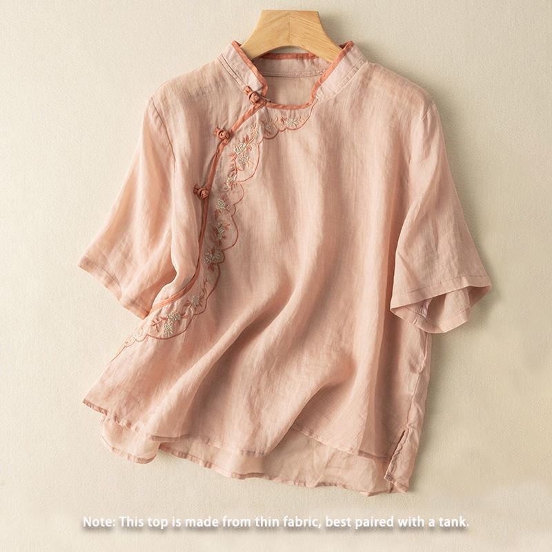 Camisa de lino y algodón para mujer con cuello inclinado, bordado y botones de rana, estilo casual, con Buddha Stones - image 3