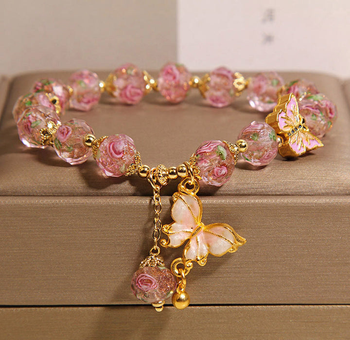 Pulsera Liuli con dije de mariposa y flor rosa de Buddha Stones - Liuli rosa (circunferencia de la muñeca: 18 cm) - image 8