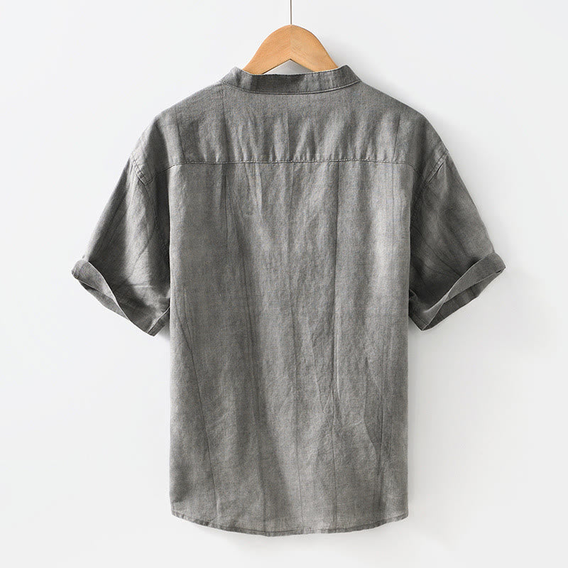 Camisa de Buddha Stones y algodón de manga corta para hombre con diseño de botones sencillos y bolsillo. - image 2