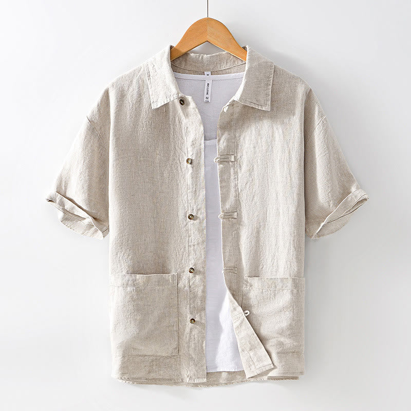 Camisa de lino de manga corta para hombre con botones de color liso y bolsillos de Buddha Stones - Beige - US/UK/AU42, EU52 (3XL) - image 1