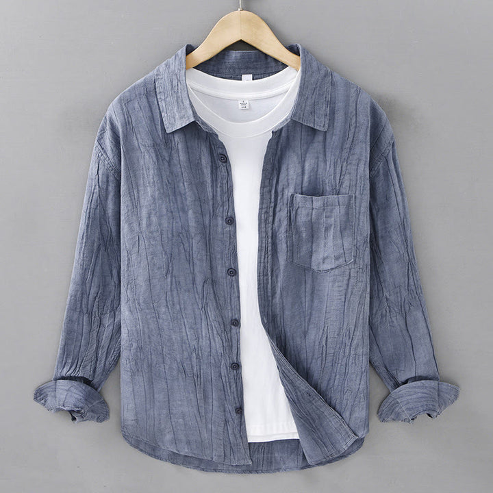 Camisa de lino ramio de manga larga para hombre con bolsillos y pliegues retro de Buddha Stones - Azul acero - US/UK/AU42, EU52 (3XL) - image 17