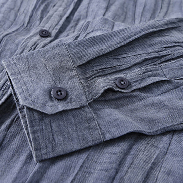 Camisa de lino ramio de manga larga para hombre con bolsillos y pliegues retro de Buddha Stones - image 20